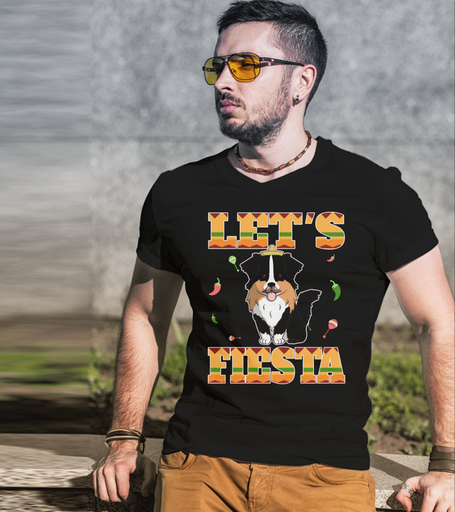 Let's Fiesta Australian Shepherd Dog Sombrero Maracas Peppers T-Shirt