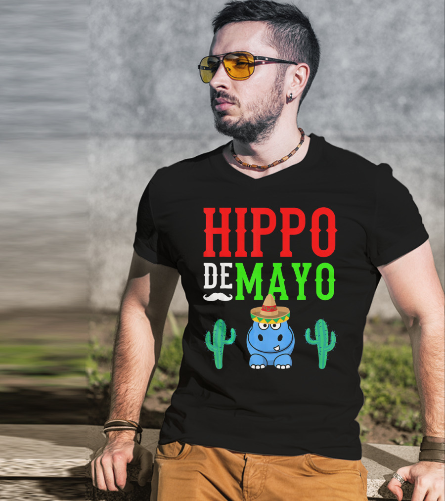 Hippo De Mayo Funny Mexico Fiesta With Sombrero Cactus T-Shirt
