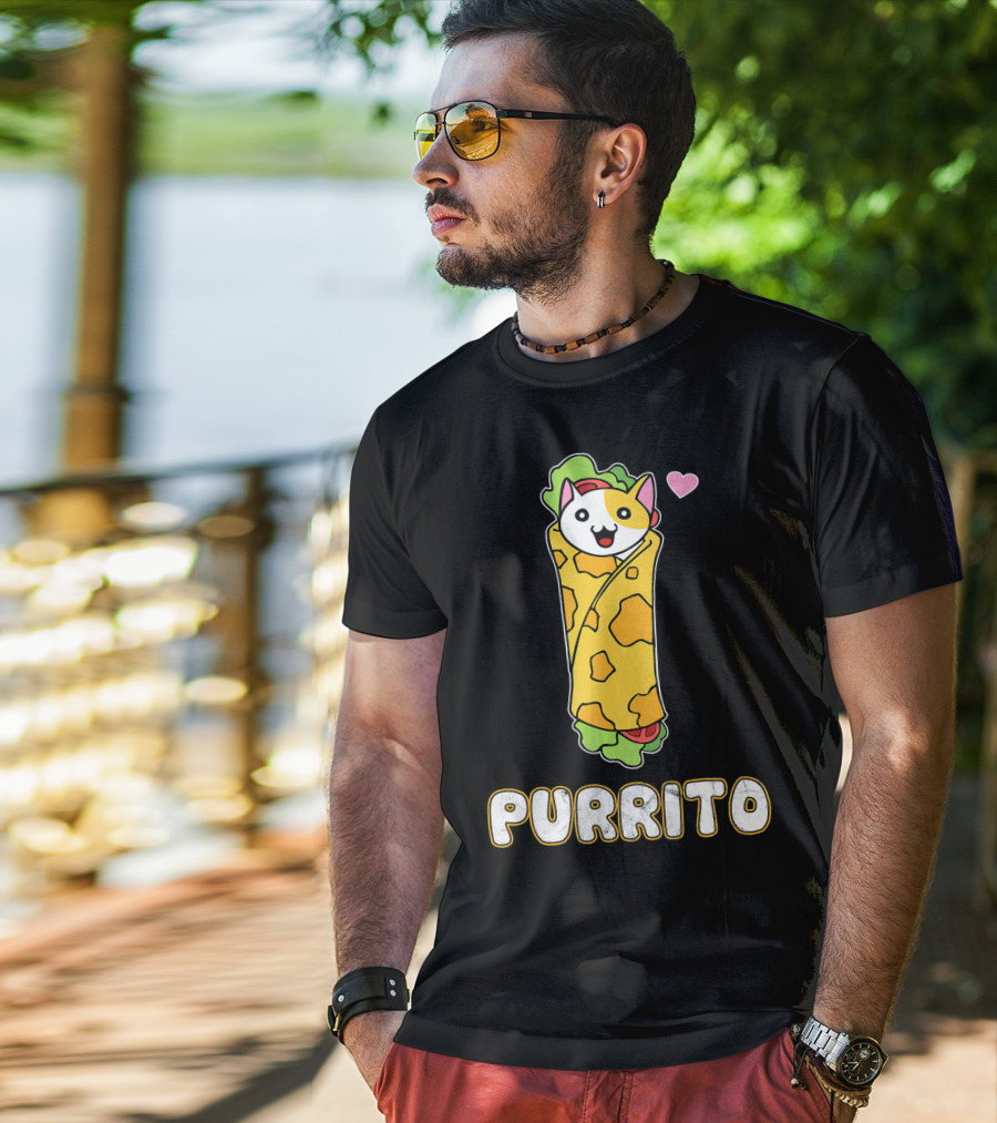Purrito Kitten Wrapped In Burrito With Heart And Taco Cat Expression T-Shirt