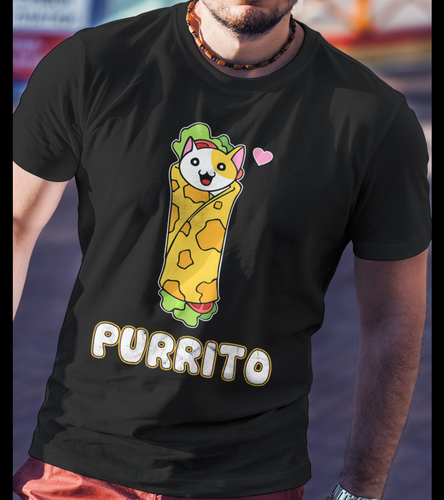 Purrito Kitten Wrapped In Burrito With Heart And Taco Cat Expression T-Shirt
