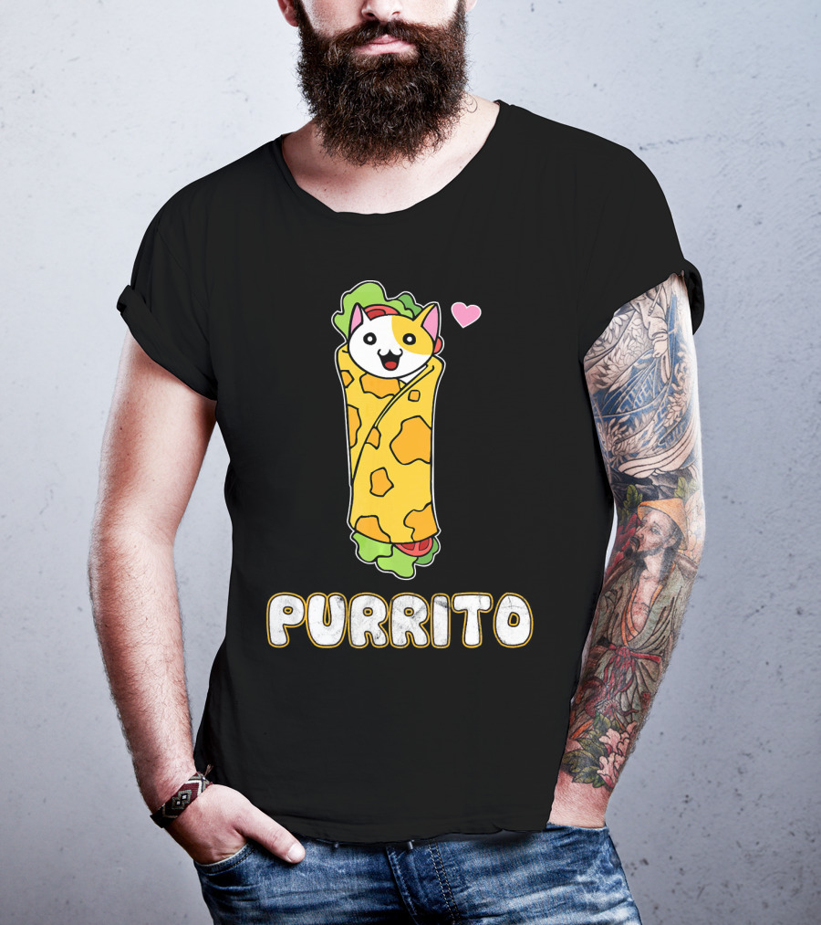 Purrito Kitten Wrapped In Burrito With Heart And Taco Cat Expression T-Shirt