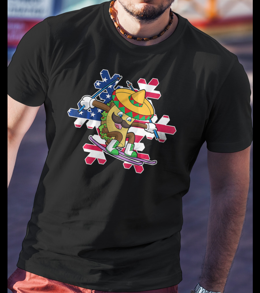 Taco Skiing Sombrero Cinco De Mayo Mexican American Flag Snowflakes T-Shirt