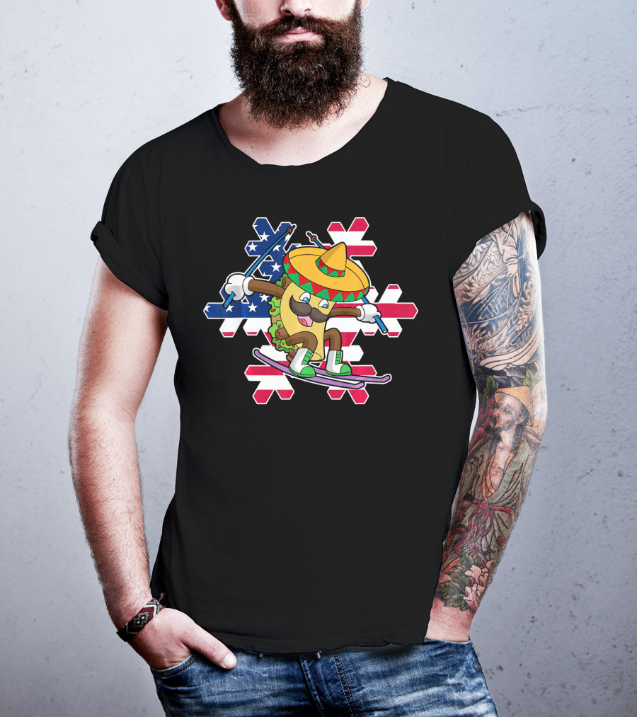 Taco Skiing Sombrero Cinco De Mayo Mexican American Flag Snowflakes T-Shirt