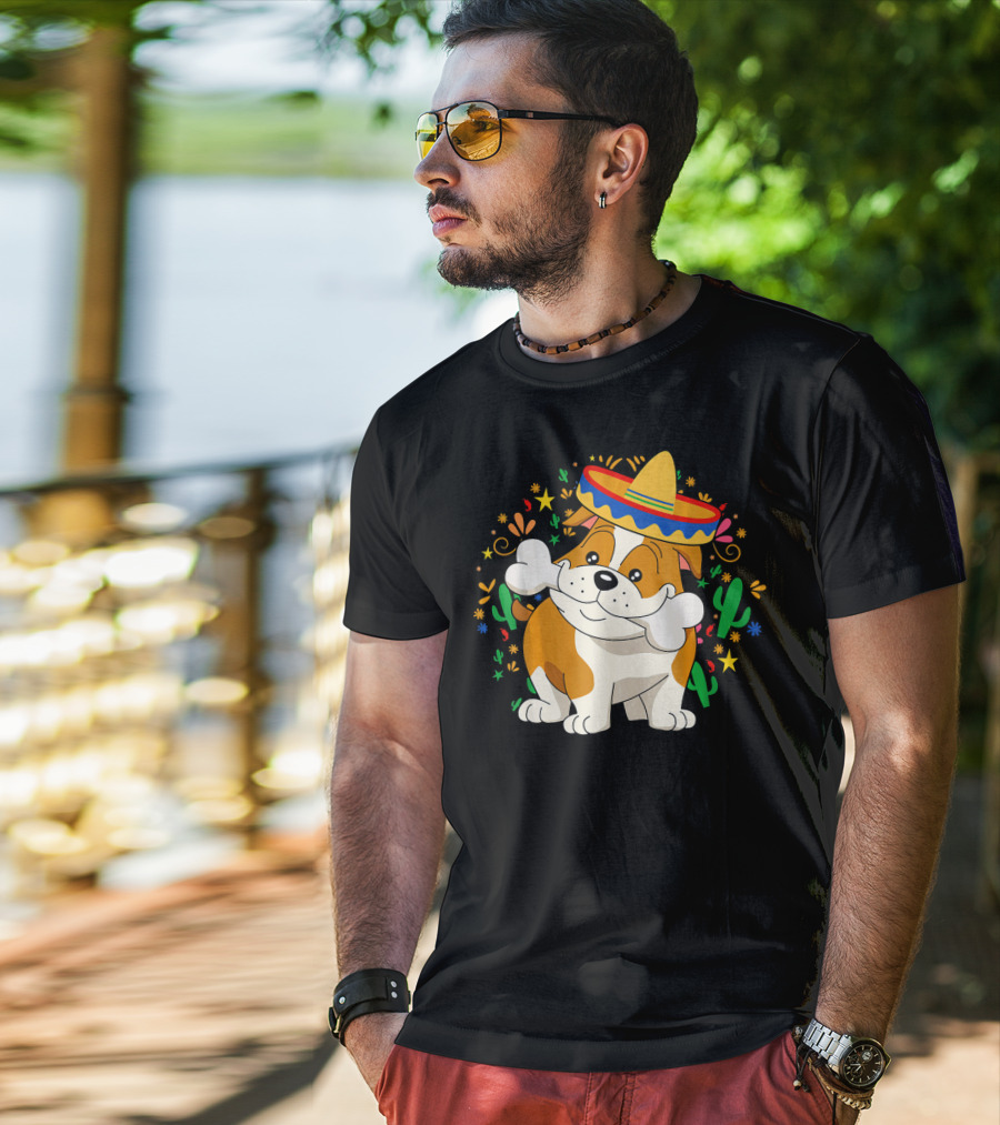 Bulldog Puppy In Sombrero With Bone And Cactus Cinco De Mayo T-Shirt