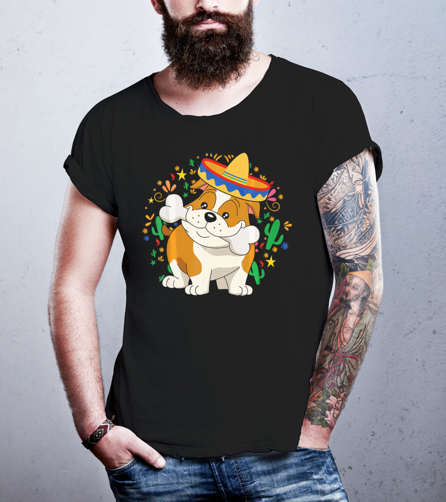 Bulldog Puppy In Sombrero With Bone And Cactus Cinco De Mayo T-Shirt