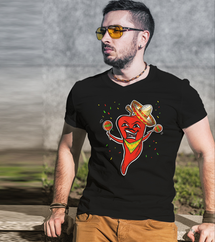 Red Pepper Sombrero Maracas Fiesta Cinco De Mayo T-Shirt