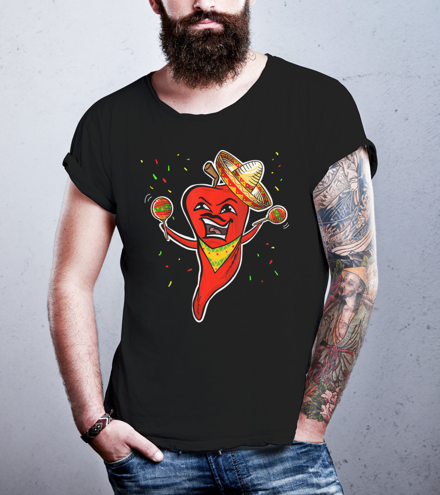 Red Pepper Sombrero Maracas Fiesta Cinco De Mayo T-Shirt