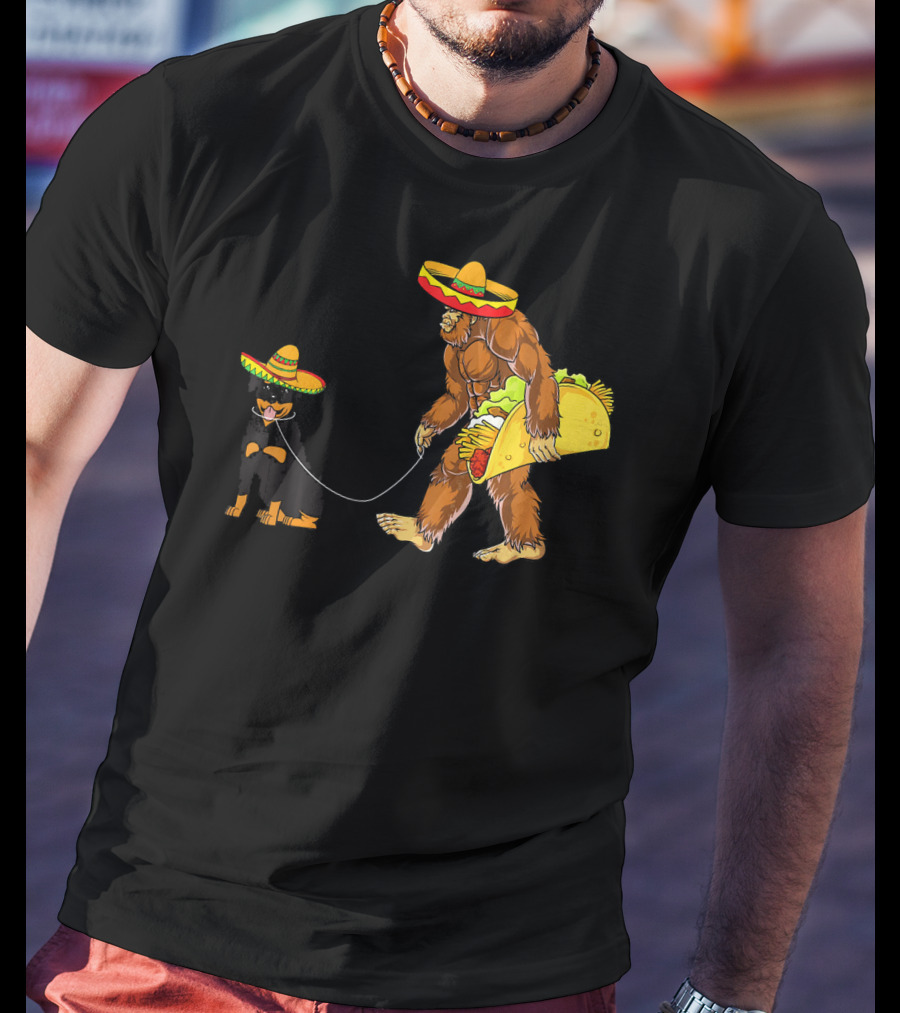 Cinco De Mayo Bigfoot Walking Rottweiler Taco Sombrero T-Shirt