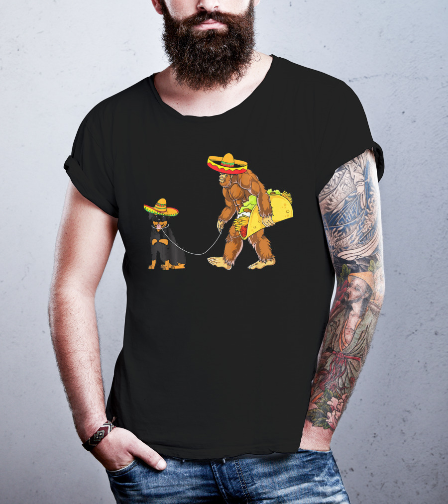 Cinco De Mayo Bigfoot Walking Rottweiler Taco Sombrero T-Shirt