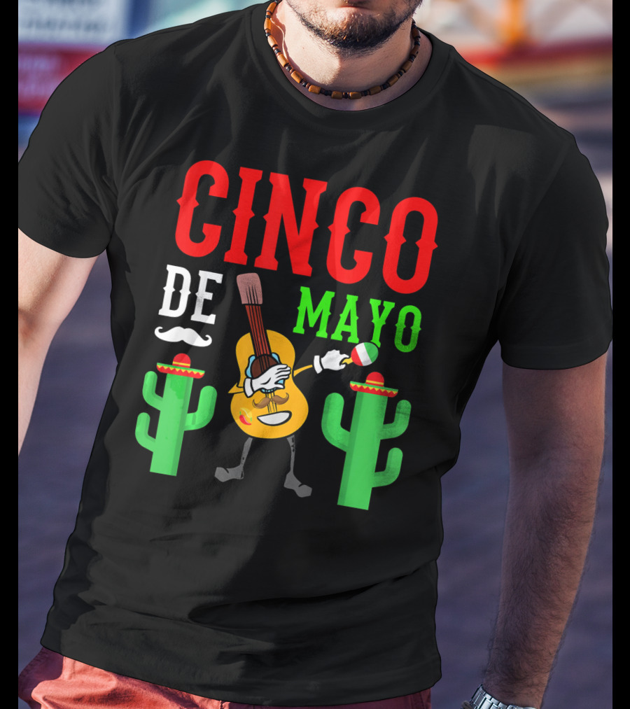 Cinco De Mayo Dabbing Guitar With Cactus And Mustache T-Shirt
