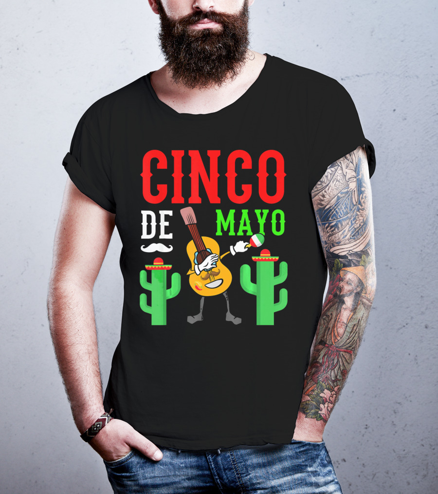 Cinco De Mayo Dabbing Guitar With Cactus And Mustache T-Shirt