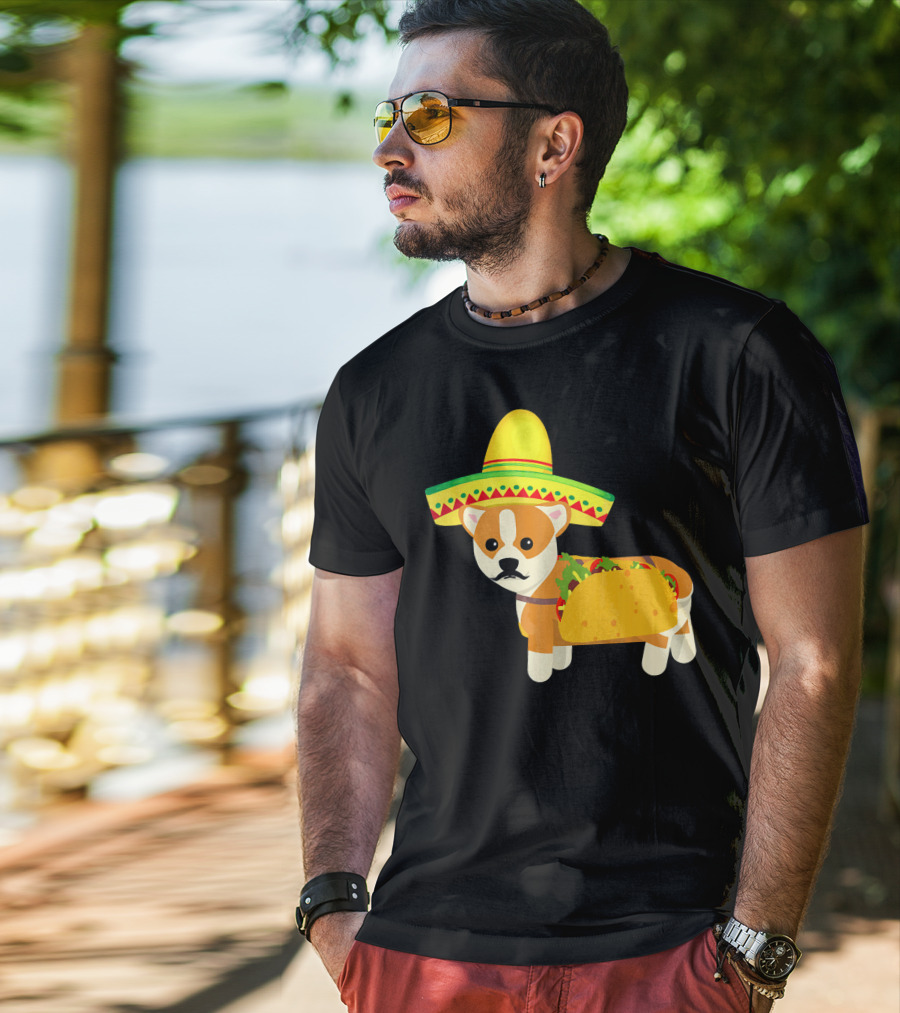 Funny Mexican Corgi In Sombrero Taco Cinco De Mayo T-Shirt