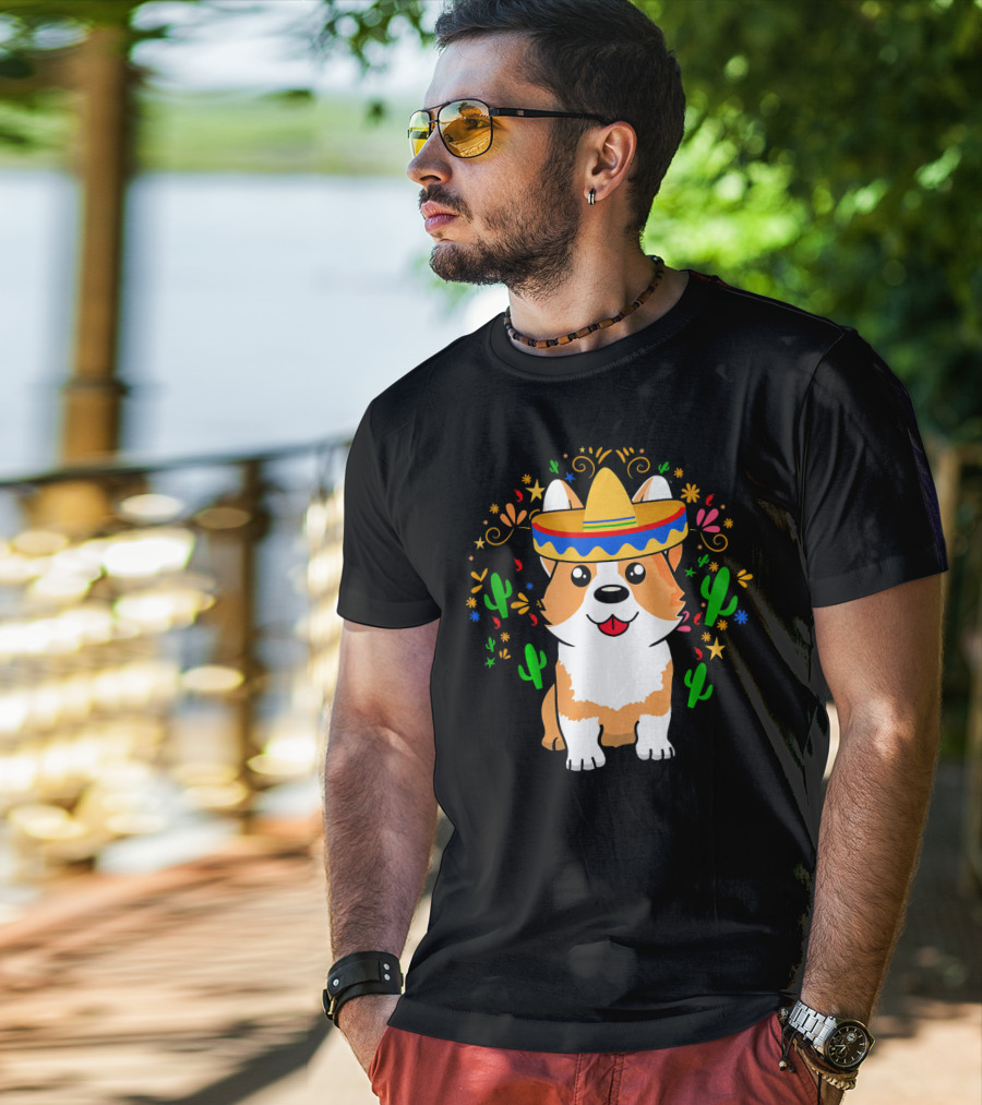 Cinco De Mayo Corgi Dog With Sombrero And Cacti T-Shirt