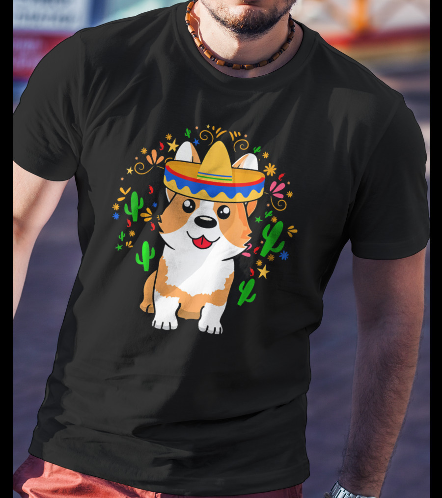 Cinco De Mayo Corgi Dog With Sombrero And Cacti T-Shirt
