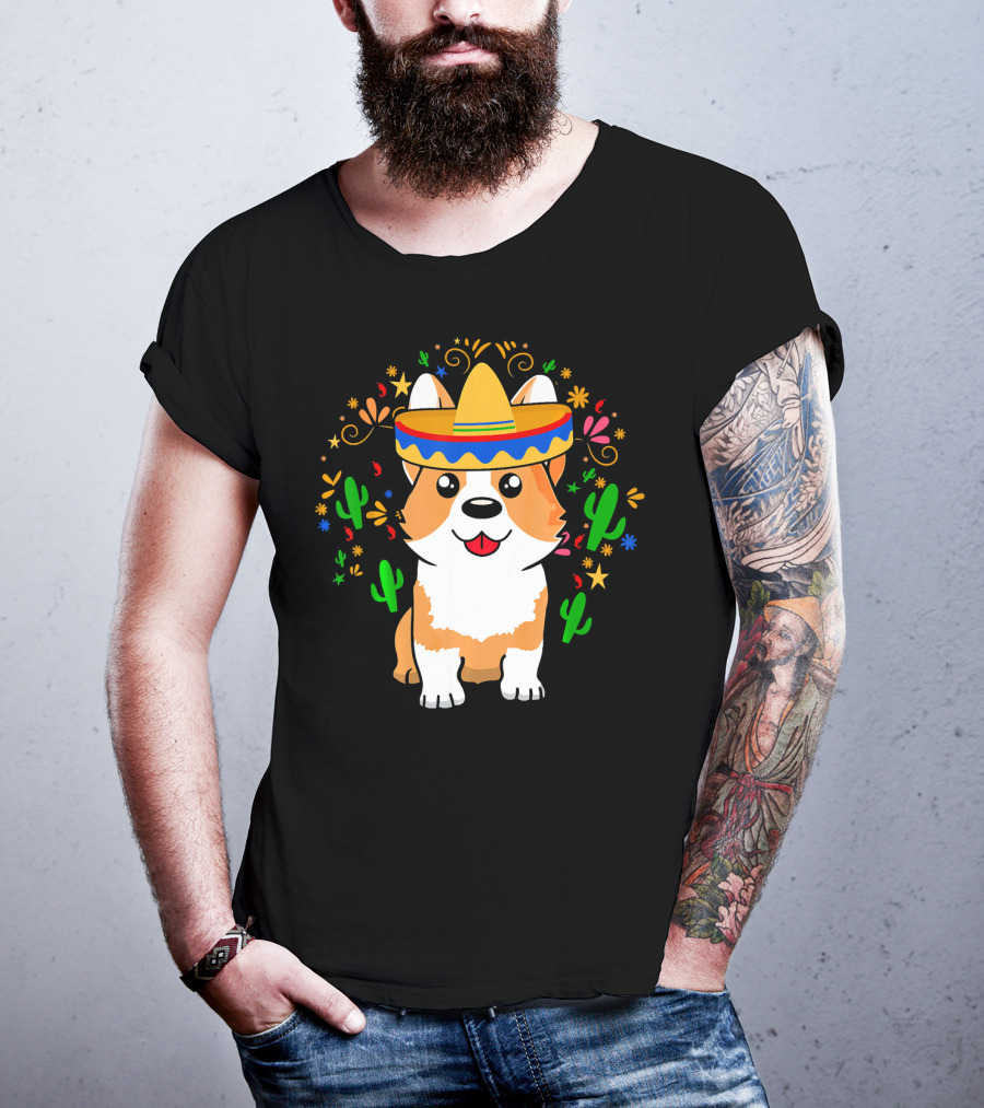 Cinco De Mayo Corgi Dog With Sombrero And Cacti T-Shirt
