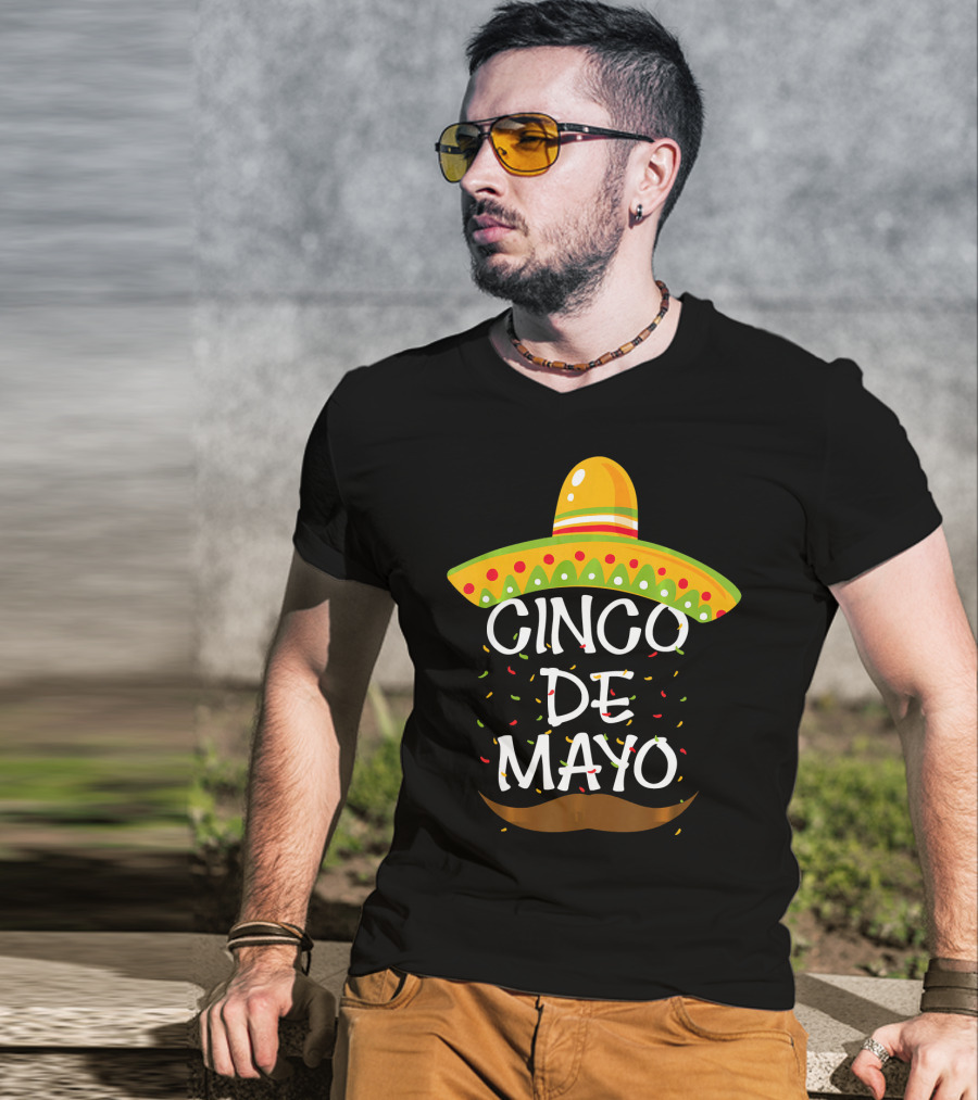 Cinco De Mayo Sombrero Celebration With Mustache And Confetti T-Shirt