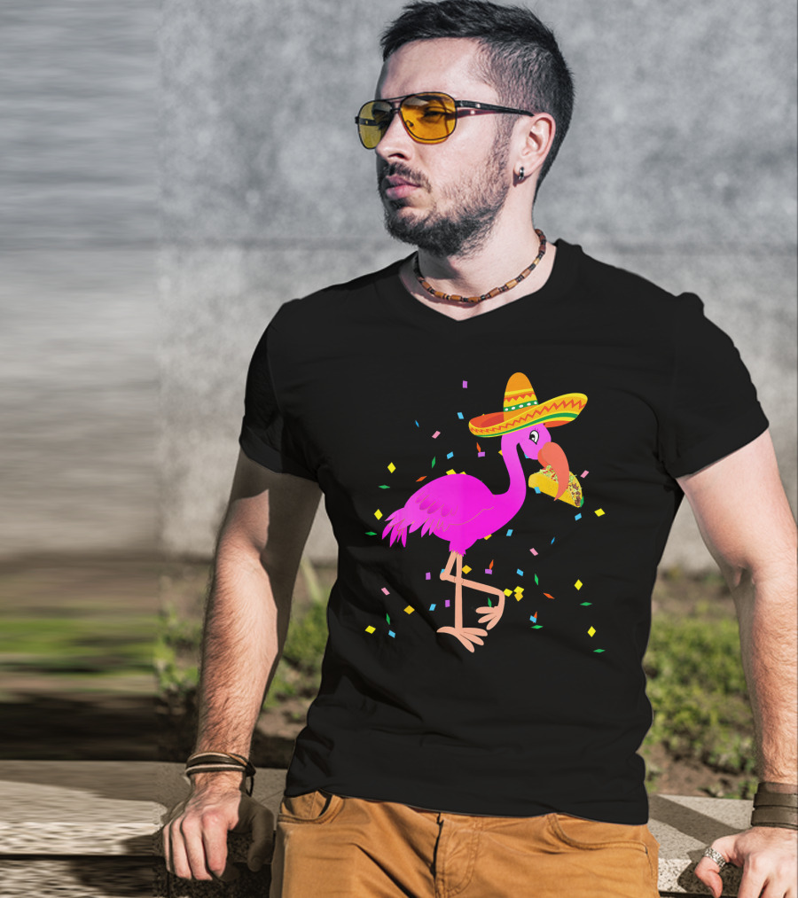 Pink Flamingo Sombrero Taco Mexican Cinco Fiesta T-Shirt