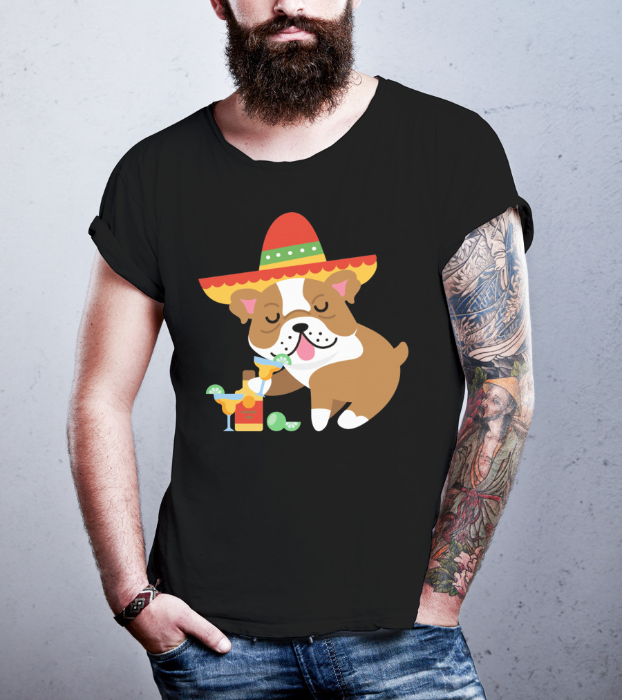 Bulldog Margarita Funny Mexican Sombrero Dog Cinc Party T-Shirt