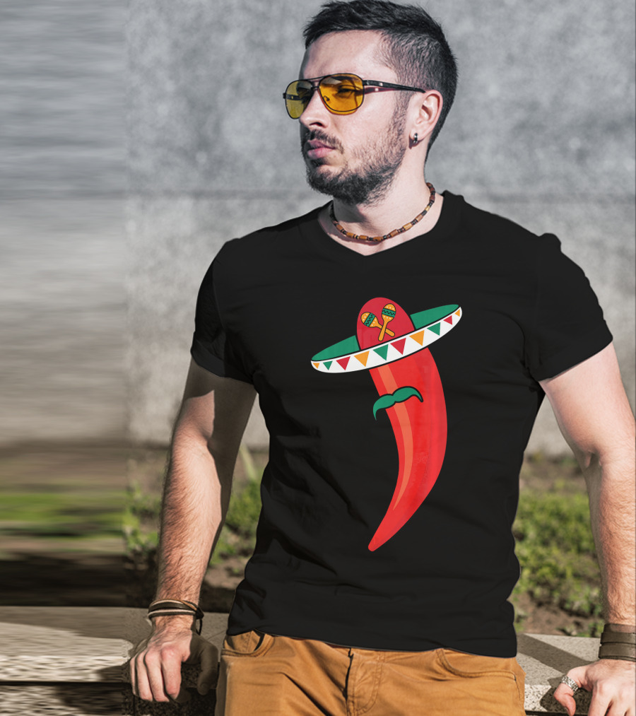 Sombrero Mustache Chili Pepper With Maracas T-Shirt