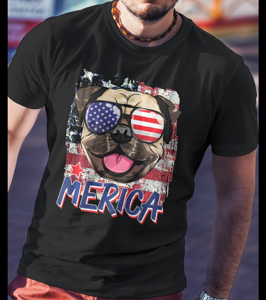 American Flag Pug Dog Merica Sunglasses USA T-Shirt