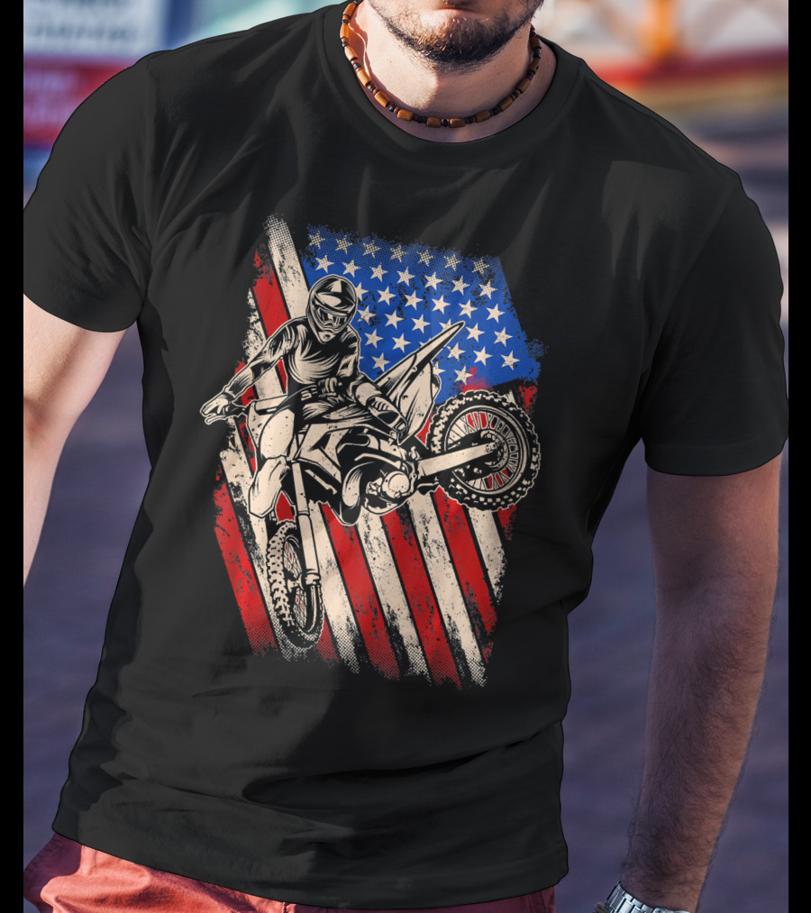 Vintage Dirt Bike Motocross With American Flag Background T-Shirt