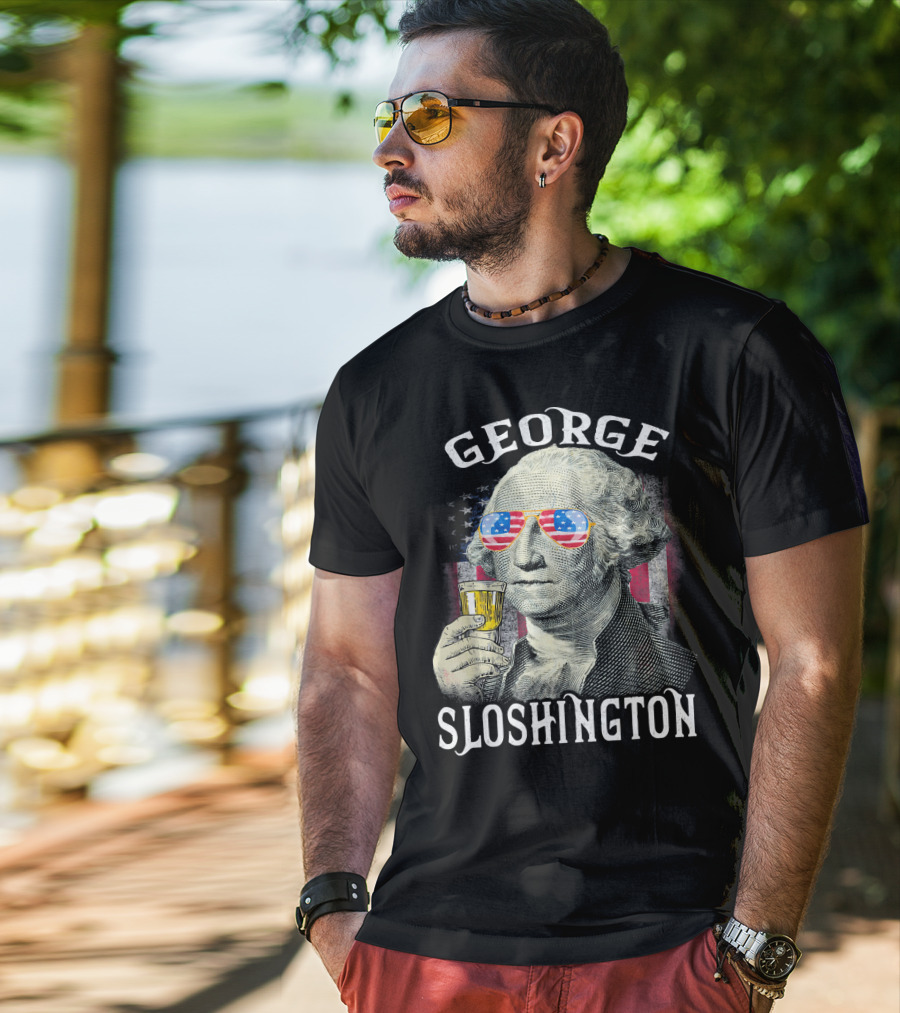 George Sloshington American Flag Sunglasses Beer T-Shirt
