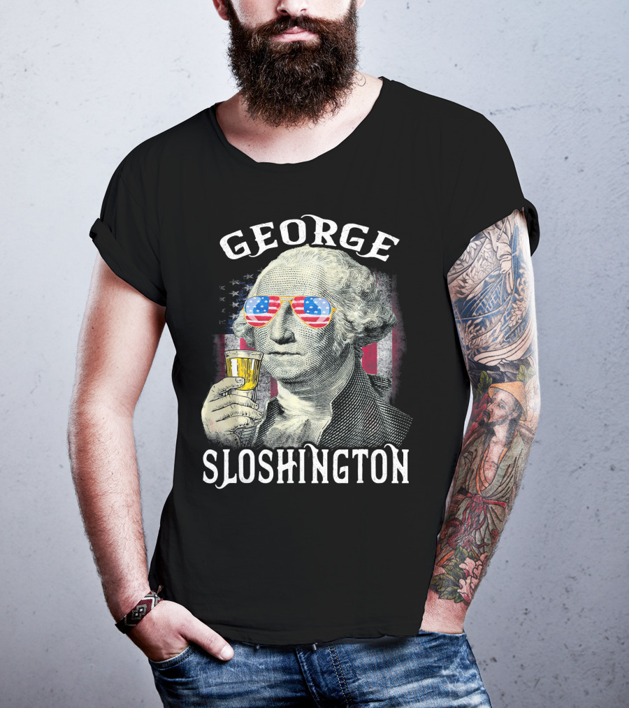 George Sloshington American Flag Sunglasses Beer T-Shirt