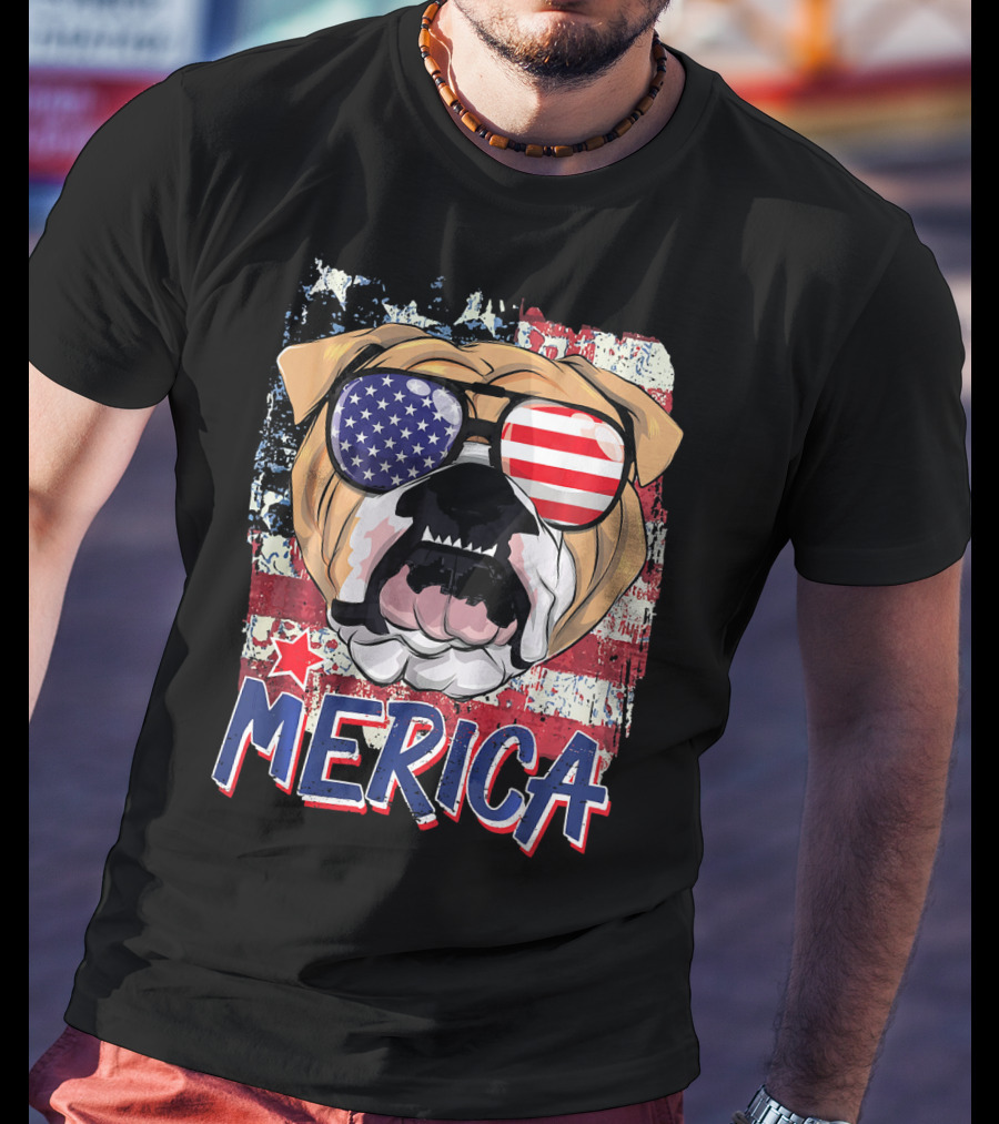 Merica Bulldog With American Flag Sunglasses T-Shirt