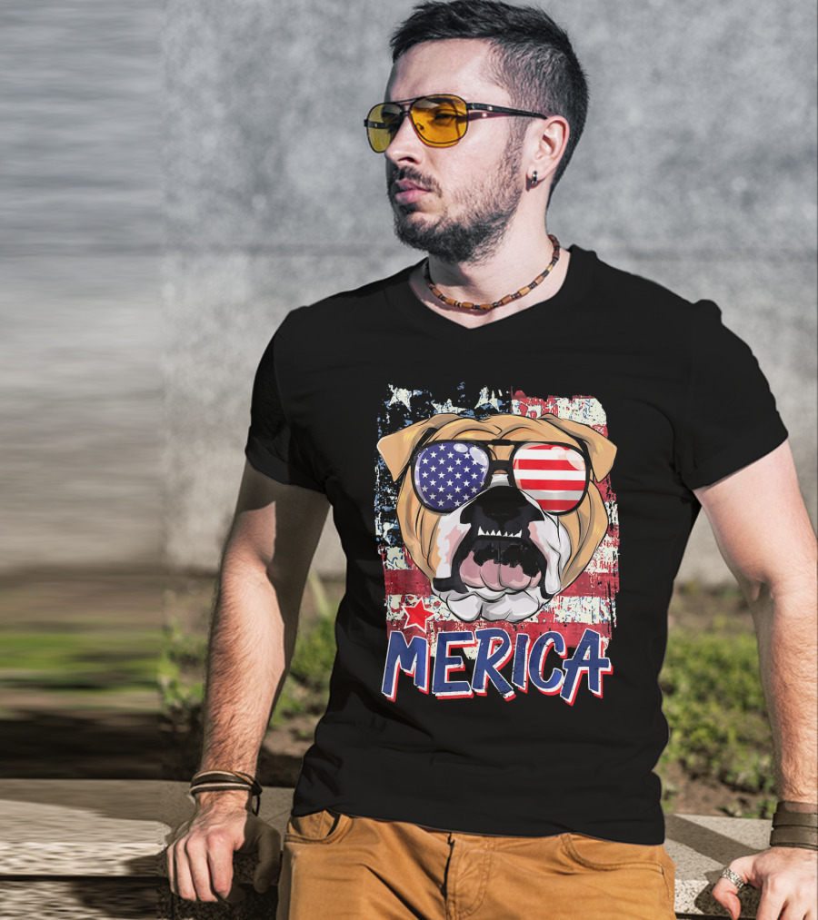 Merica Bulldog With American Flag Sunglasses T-Shirt
