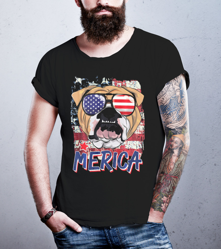 Merica Bulldog With American Flag Sunglasses T-Shirt