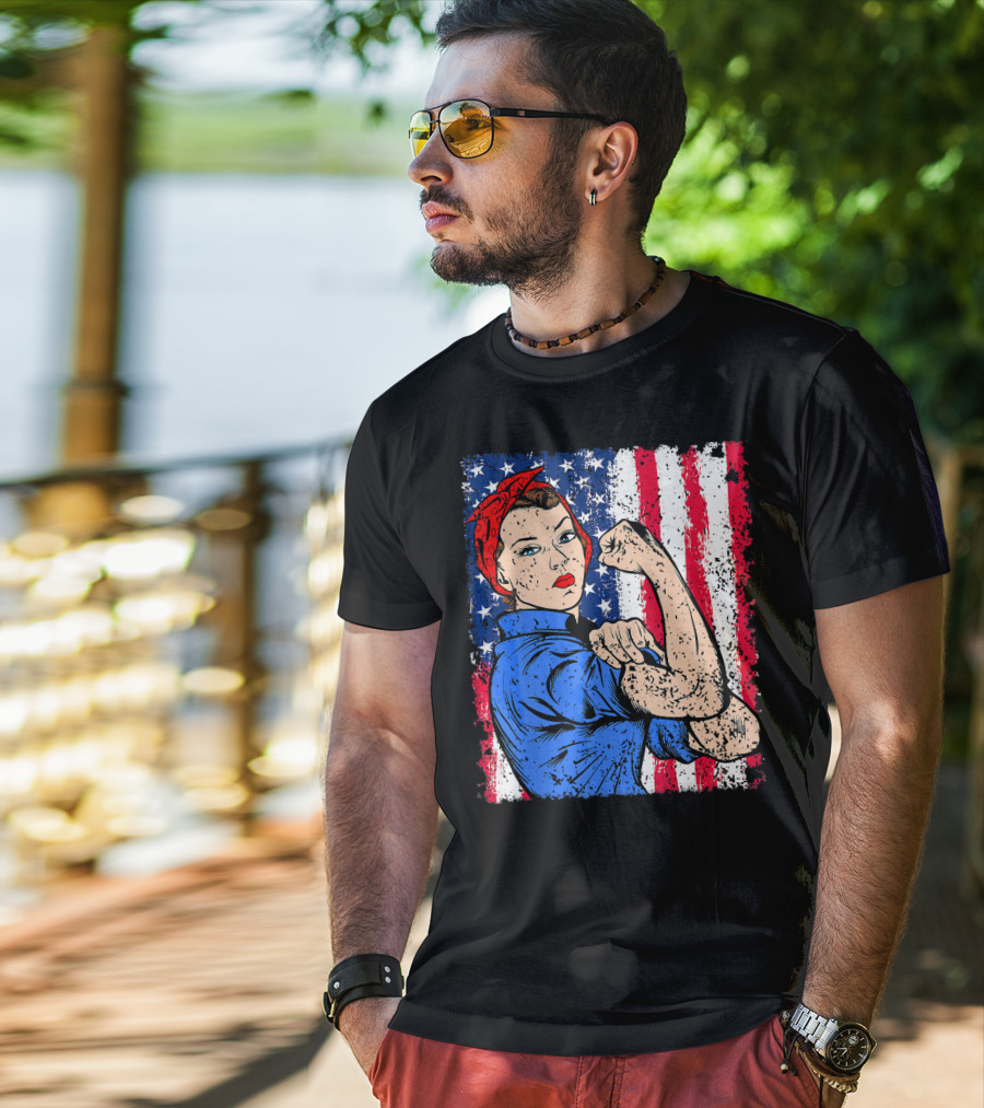 Rosie The Riveter Feminist Patriotic USA American Flag Iconic Empowerment T-Shirt