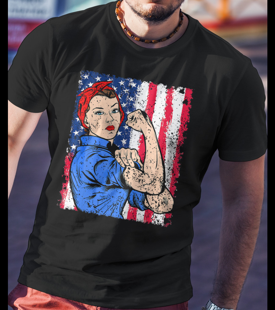 Rosie The Riveter Feminist Patriotic USA American Flag Iconic Empowerment T-Shirt