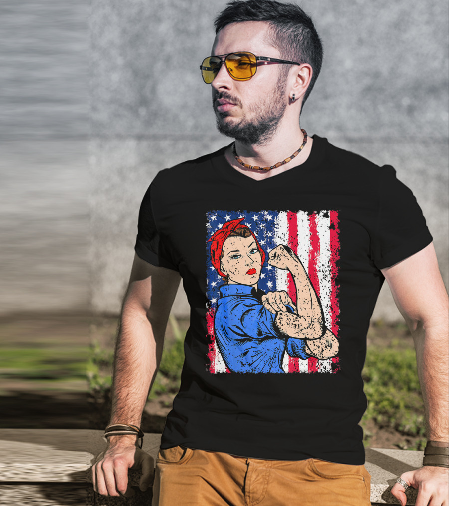 Rosie The Riveter Feminist Patriotic USA American Flag Iconic Empowerment T-Shirt