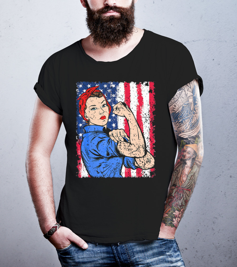 Rosie The Riveter Feminist Patriotic USA American Flag Iconic Empowerment T-Shirt