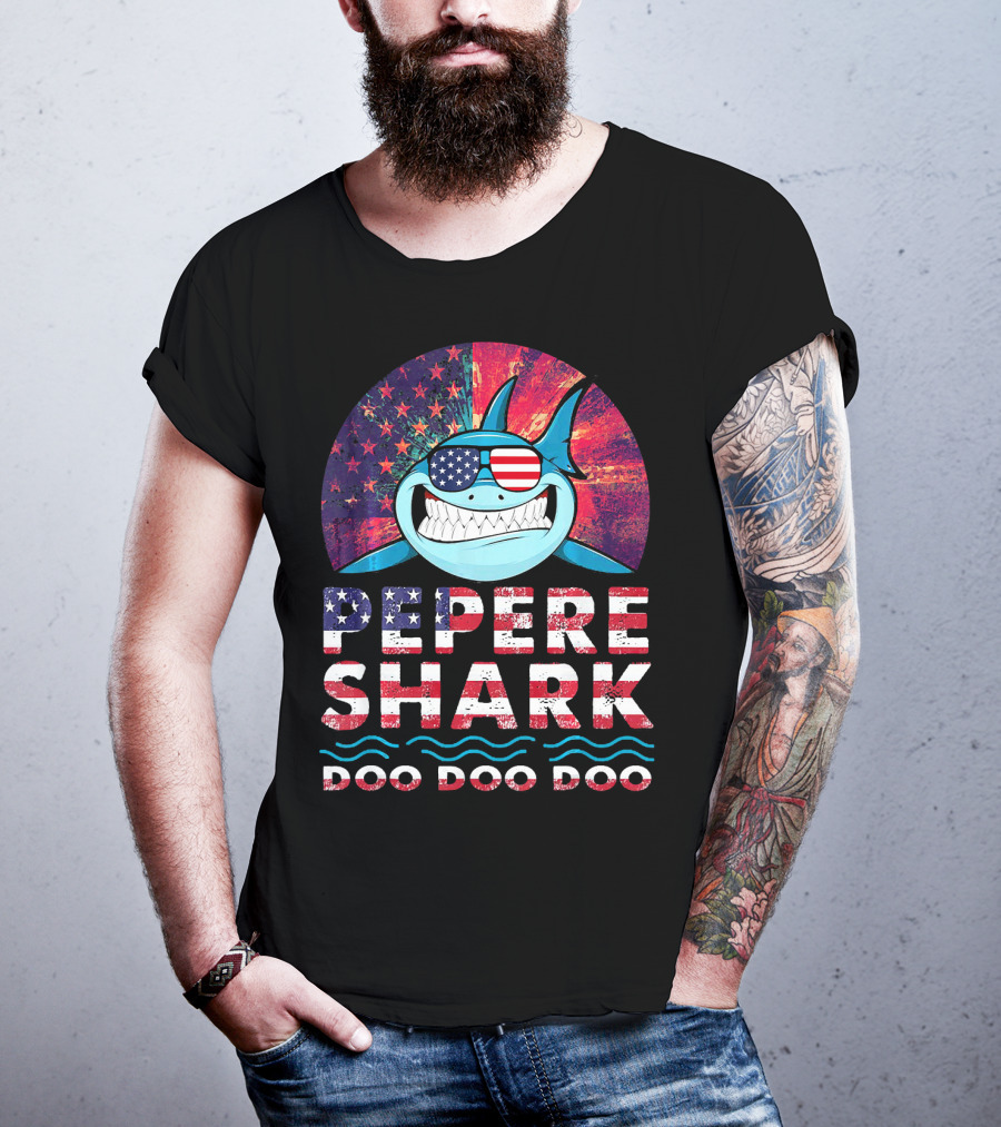 Pepere Shark Doo Doo Doo American Flag Sunglasses T-Shirt