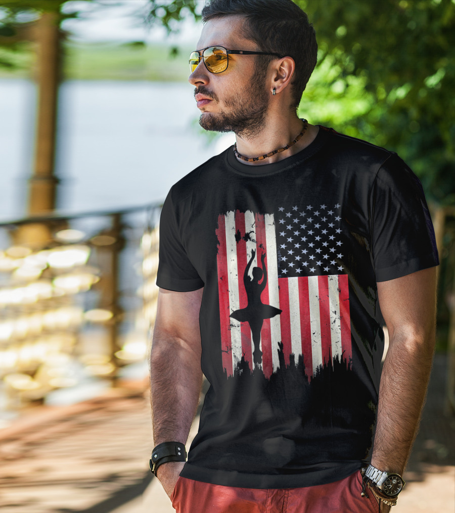 Ballerina Silhouette With American Flag Ballet USA T-Shirt