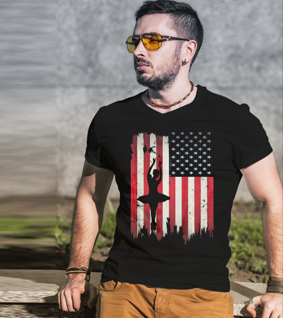 Ballerina Silhouette With American Flag Ballet USA T-Shirt