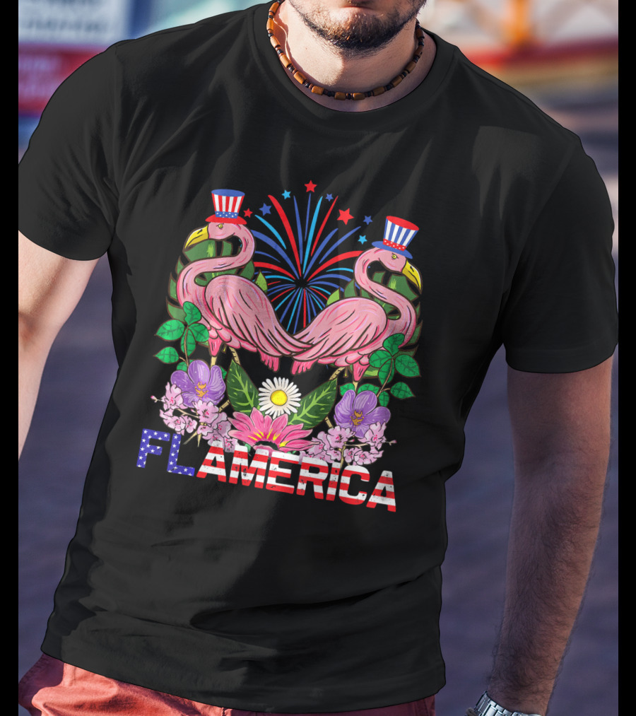 Flamerica Flamingo Fireworks Uncle Sam Hat Botanical T-Shirt
