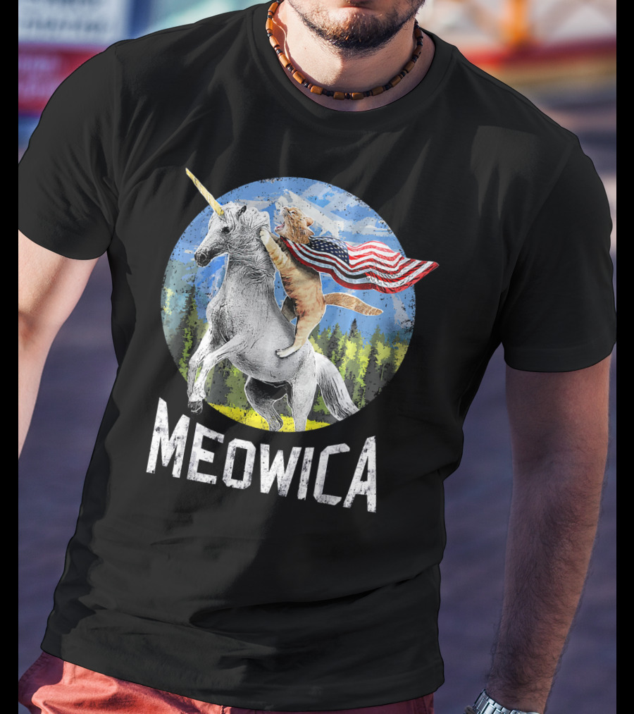 Meowica Cat Riding Unicorn With American Flag T-Shirt