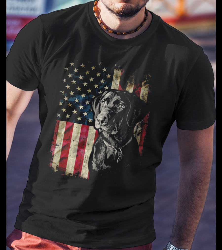 Patriotic Labrador Retriever With American Flag Background T-Shirt