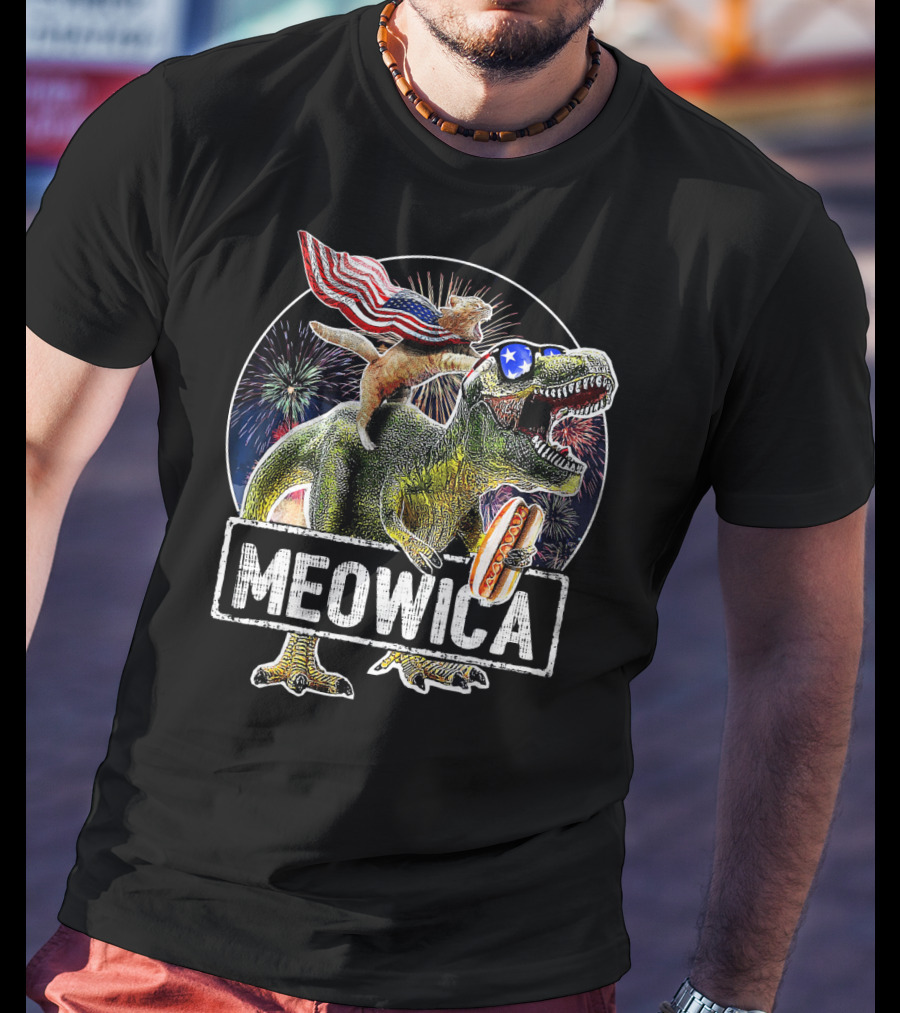 Meowica Cat With American Flag Riding T-Rex Holding Hot Dog T-Shirt