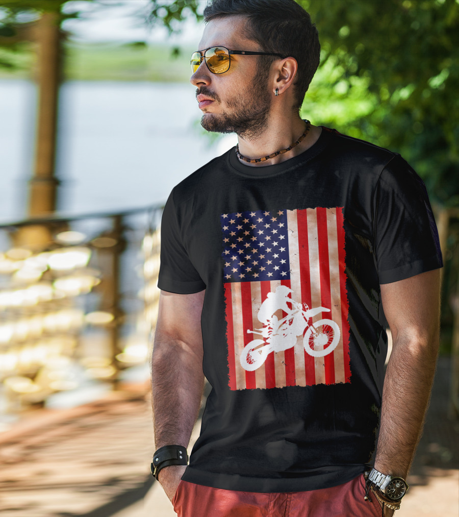 Dirt Bike Motocross American Flag Patriotic Ride USA T-Shirt