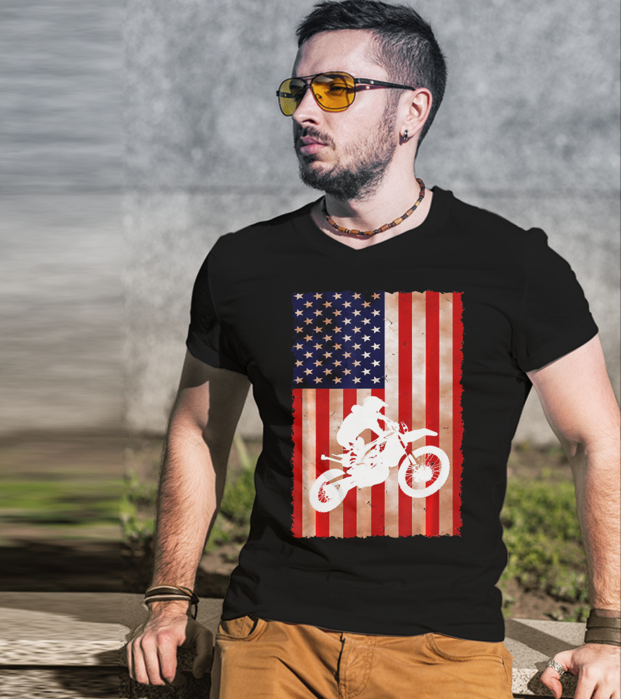 Dirt Bike Motocross American Flag Patriotic Ride USA T-Shirt