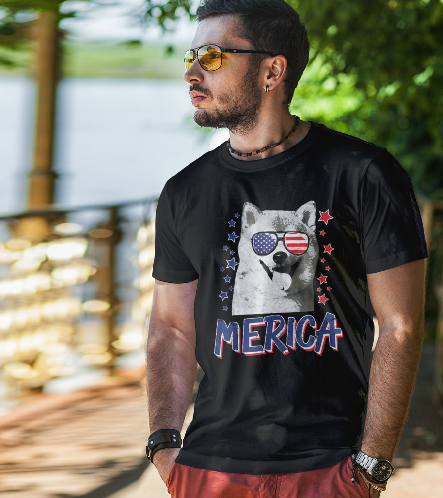 Merica Shiba Inu Dog Patriotic USA Stars And Stripes Sunglasses T-Shirt