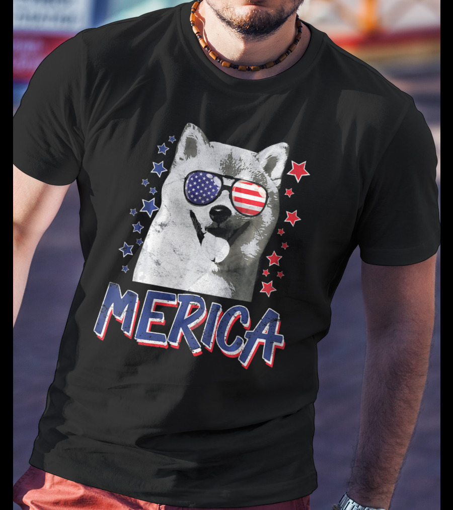 Merica Shiba Inu Dog Patriotic USA Stars And Stripes Sunglasses T-Shirt