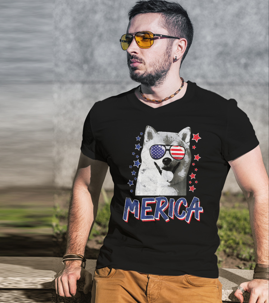 Merica Shiba Inu Dog Patriotic USA Stars And Stripes Sunglasses T-Shirt
