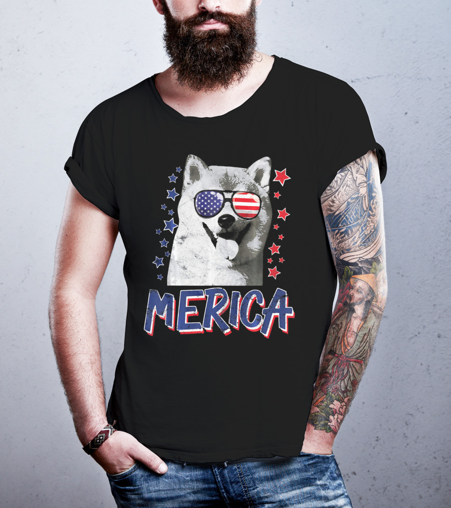 Merica Shiba Inu Dog Patriotic USA Stars And Stripes Sunglasses T-Shirt