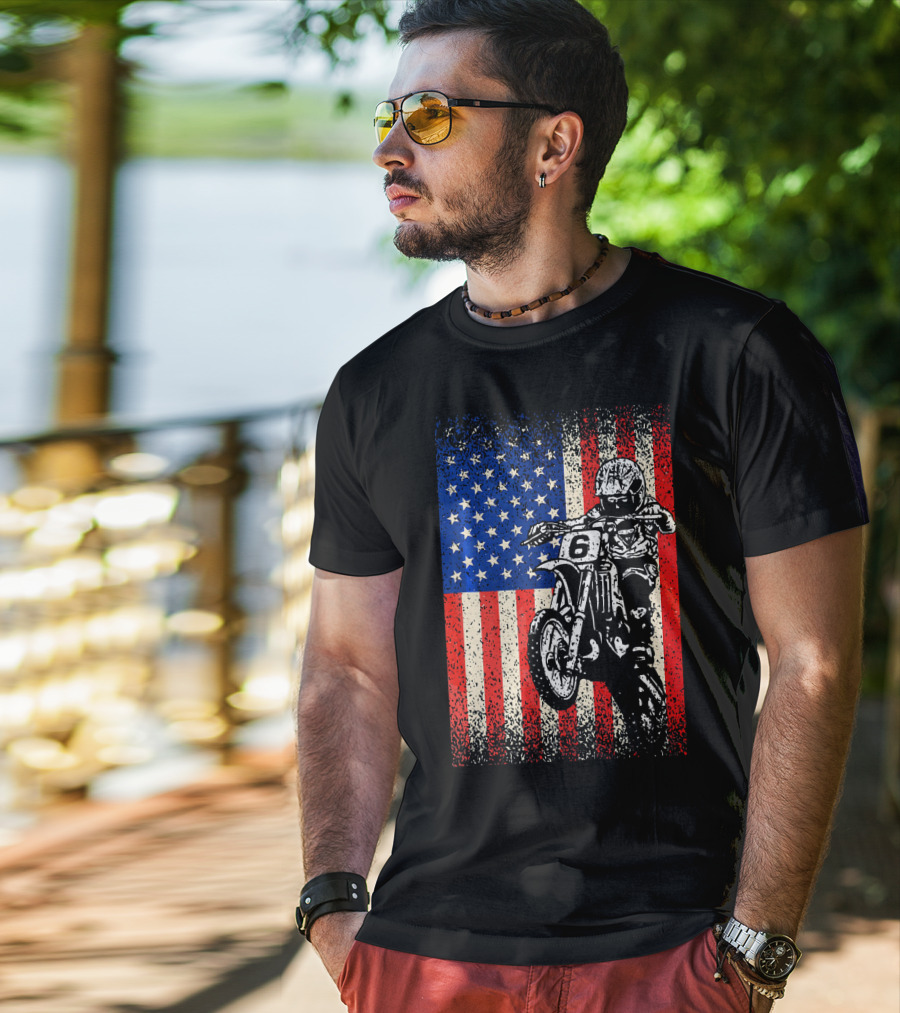 Dirt Bike American Flag Motocross Biker Number 6 T-Shirt