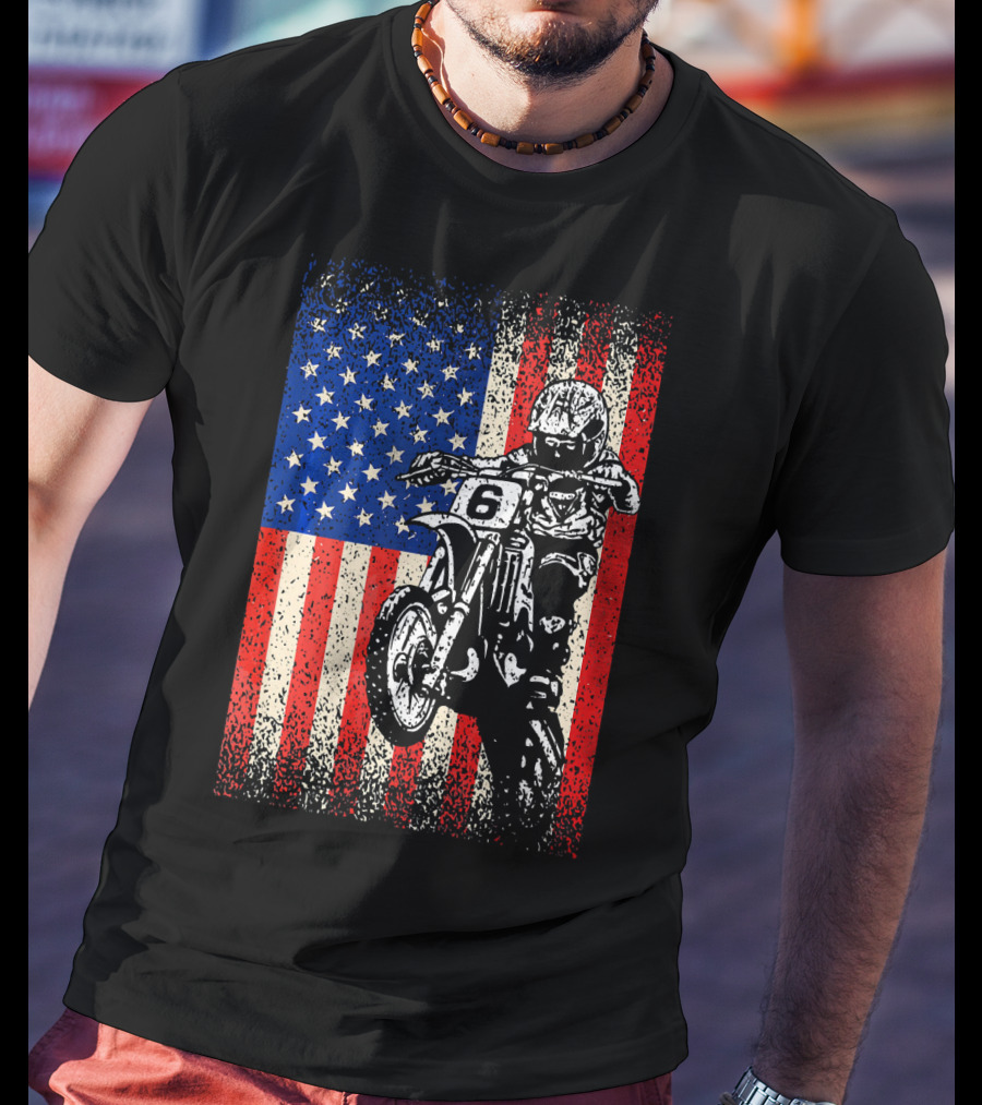 Dirt Bike American Flag Motocross Biker Number 6 T-Shirt