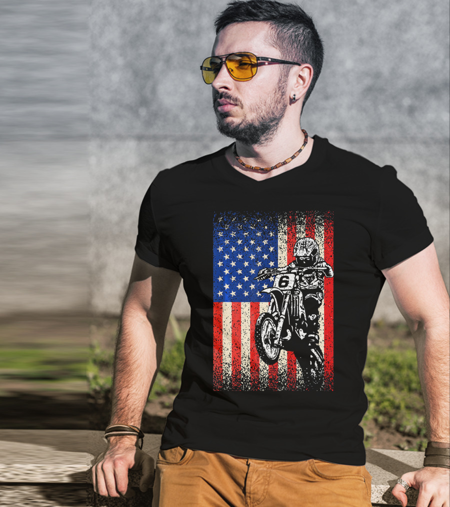 Dirt Bike American Flag Motocross Biker Number 6 T-Shirt